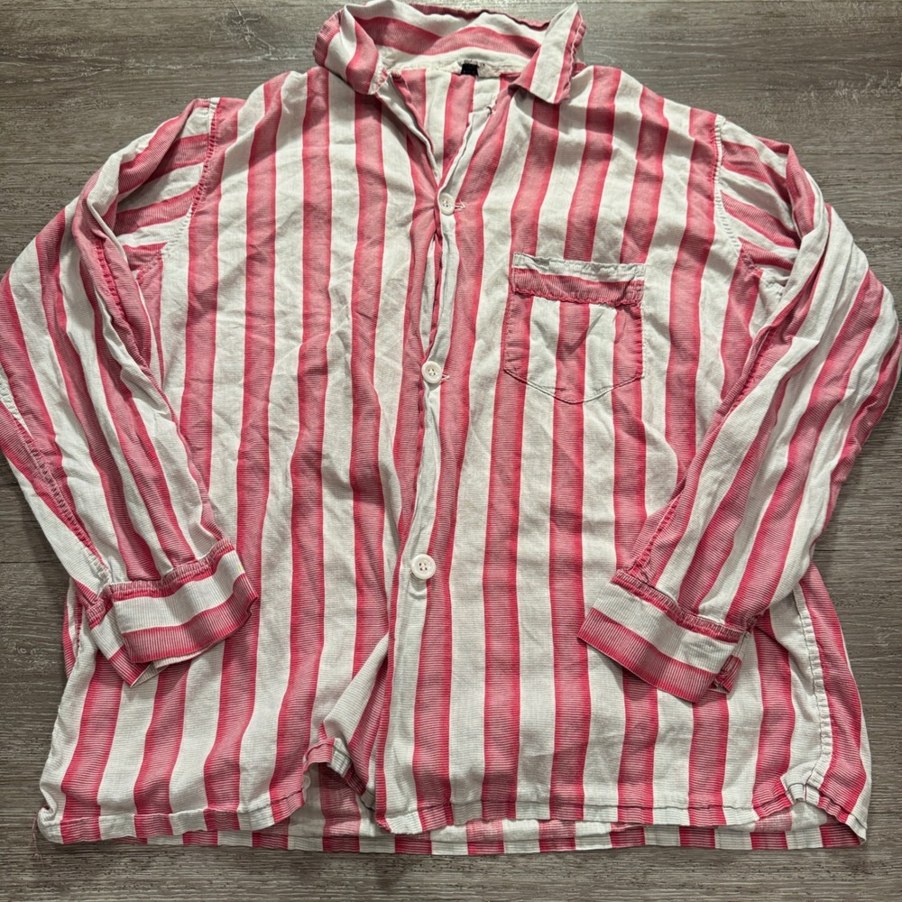 Vintage 40s Sanforized Textron Pajama Top Mens L Striped Cotton Sleepwear Retro